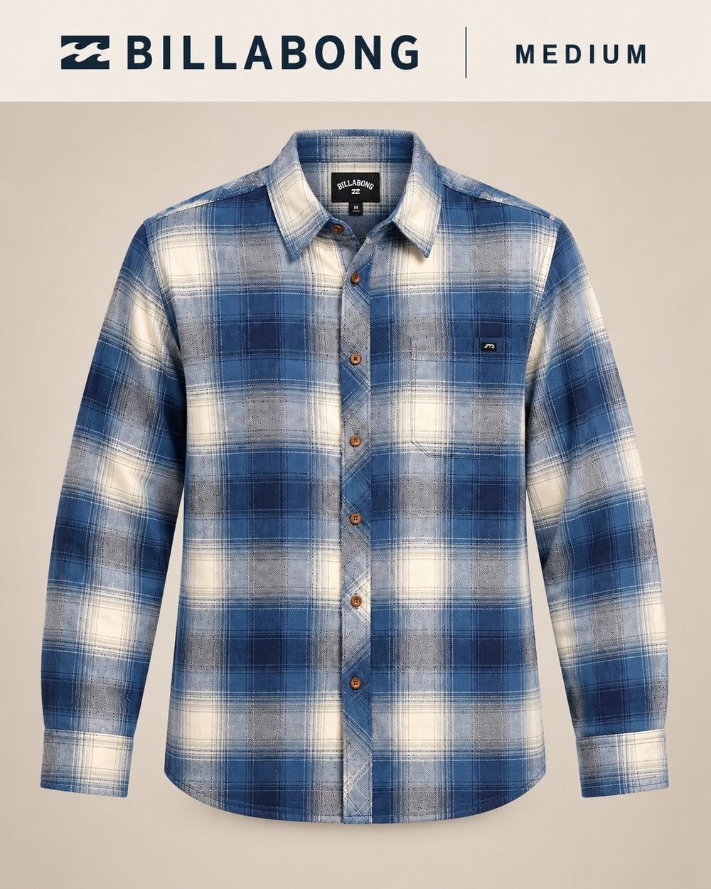 Billabong Men’s Plaid Flannel Shirt Medium NWT Blue Cream Long Sleeve